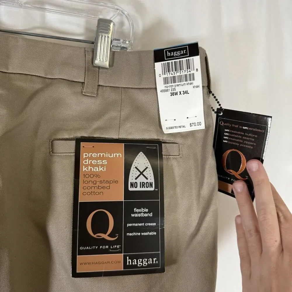New Haggar Pleated Cuff Men's 36x34 Khaki Long Stable Combed Cotton No Iron